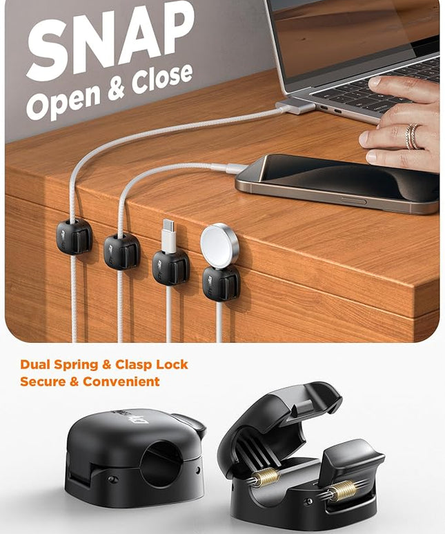 6Pack Cord Organizer - Chfeila [Dual Spring & Clasp Lock] Cable Management Clips, Adhesive Phone Charger Keeper, Compact Wire Holder for Nightstand/Car, Home Office Desk Accessories Decor Essentials