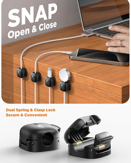 12Pack Cord Organizer - Chfeila [Dual Spring & Clasp Lock] Cable Management Clips, Adhesive Phone Charger Keeper, Compact Wire Holder for Nightstand/Car, Home Office Desk Accessories Decor Essentials