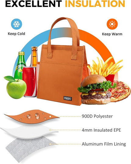 Fmeida Insulated Lunch Bag Women, 9L Large Lunch Bags with Multiple Pockets, Reusable Thermal Cooler Tote for Work, Office, Picnic, Travel | Hook and Loop Closure, Orange