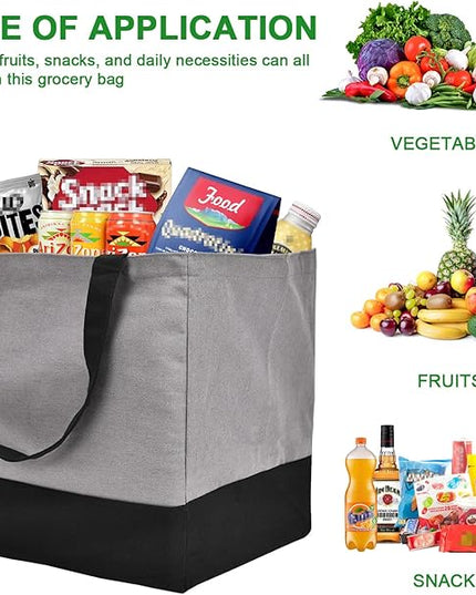 3 Pack Canvas Reusable Grocery Bags Heavy Duty, 8.3 gal Foldable Large Tote Bag with Handles, Holds 60 lbs Canvas Shopping Bags & Washable Eco-friendly Bags with 5 Pockets, Grey+Black
