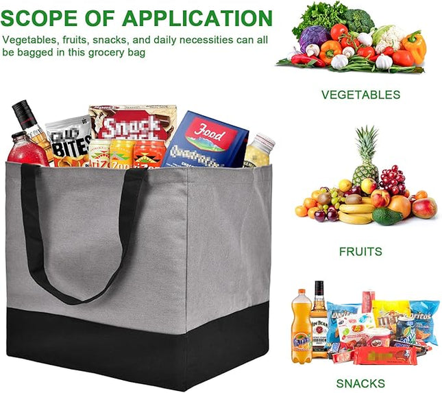 3 Pack Canvas Reusable Grocery Bags Heavy Duty, 8.3 gal Foldable Large Tote Bag with Handles, Holds 60 lbs Canvas Shopping Bags & Washable Eco-friendly Bags with 5 Pockets, Grey+Black