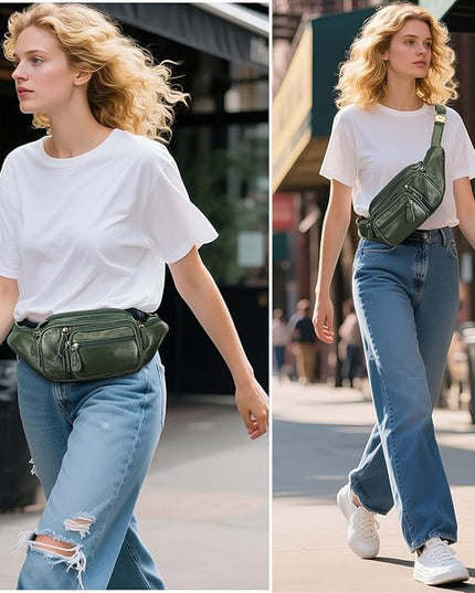 Genuine Leather Fanny Pack large capacity Crossbody Waist Bag with Zipper phone Pockets green