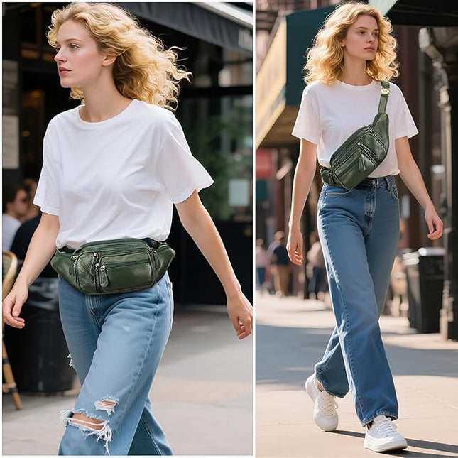 Genuine Leather Fanny Pack large capacity Crossbody Waist Bag with Zipper phone Pockets green