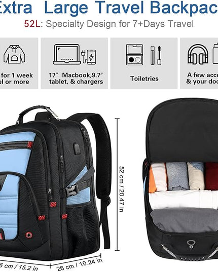 Z-MGKISS Big Backpack for Travel, 52L Large Anti-Theft Computer Backpack for Women Men, Heavy Duty Laptop Bag 17.3 Inch with USB Port, College Business Work Daypack, Lake Blue