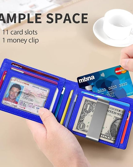 RUNBOX Slim Money Clip Wallets for Men RFID Blocking 11 Card Holder Minimalist Small Leather Bifold Men's Front Pocket Wallet Gift Box
