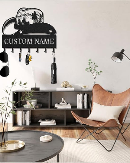 LOWACOS Personalized Key Holder for Wall, Custom Metal Cowboy Key Hooks with Name, Meta Jacket Holder Hooks Organizer Rack, Jacket Hanger Decor for Kitchen, Entryway, Hallway, Office, Doorway