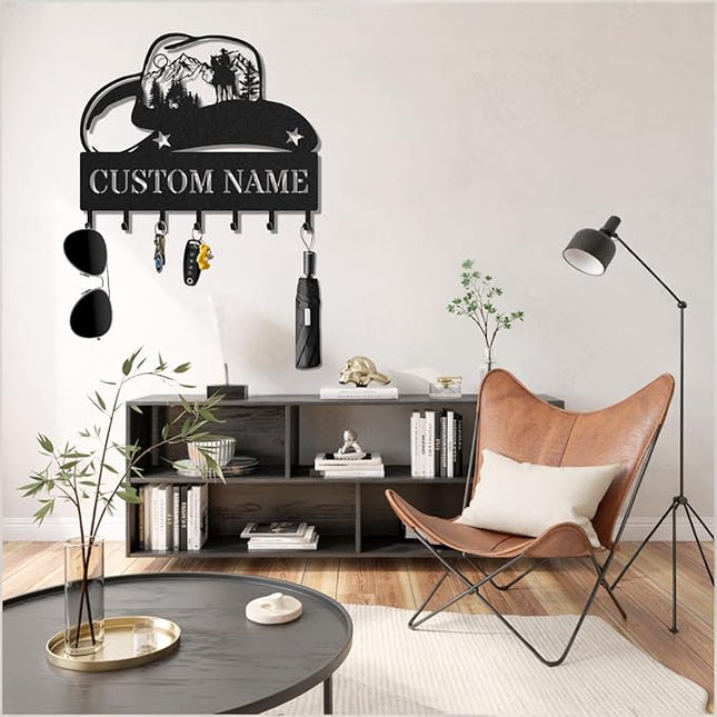 LOWACOS Personalized Key Holder for Wall, Custom Metal Cowboy Key Hooks with Name, Meta Jacket Holder Hooks Organizer Rack, Jacket Hanger Decor for Kitchen, Entryway, Hallway, Office, Doorway