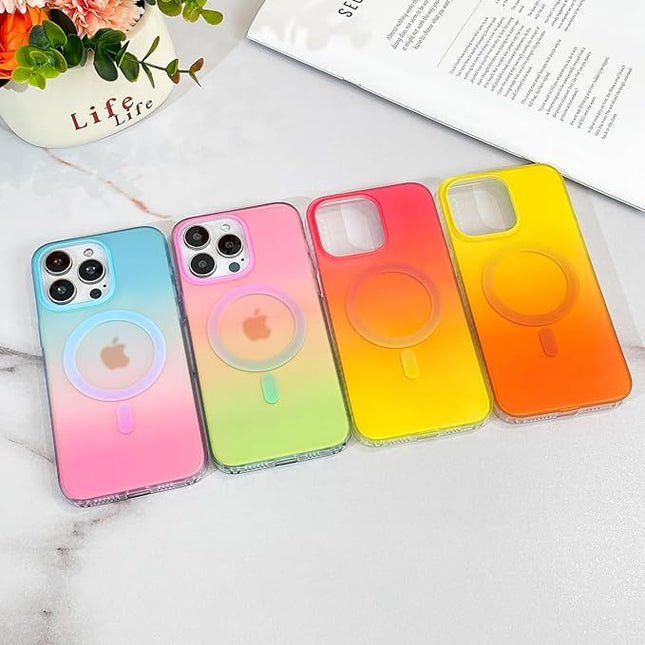 Aesthetic Case for iPhone 15 Case for Women Girls, Compatible with Magsafe, Cute Girly Trendy Glitter Sparkly Rainbow Magnetic Protective Phone Cover, Matte Iridescent Red & Yellow