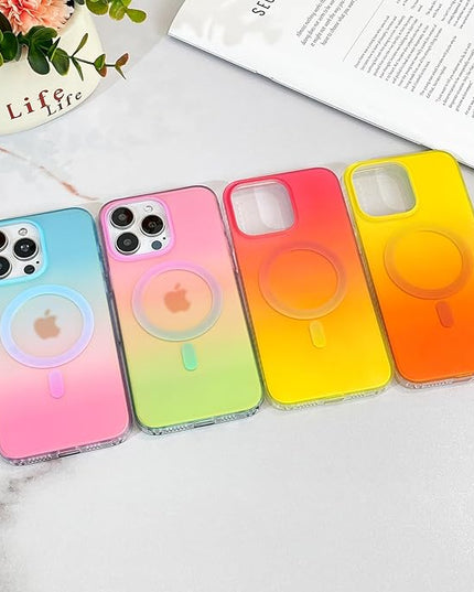 Aesthetic Case for iPhone 14 Plus & iPhone 15 Plus Case for Women Girls, Compatible with Magsafe, Cute Girly Trendy Glitter Sparkly Bling Rainbow Magnetic Phone Cover, Iridescent Red & Yellow