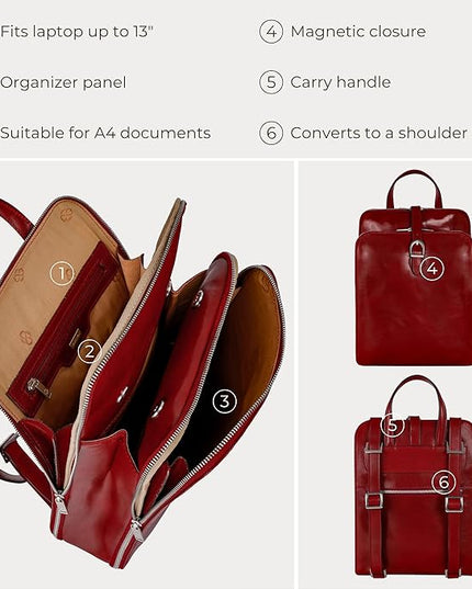 Time Resistance Leather Backpack - Convertible to Shoulder Bag - Full Grain Real Leather Travel Rucksack for Women (Red)