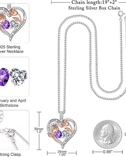 Iefil Christmas Gifts for Women Wife - 925 Sterling Silver Rose Heart Birthstone Necklace Birthday Anniversary Jewelry Gifts for Her Wife Mom Daughter