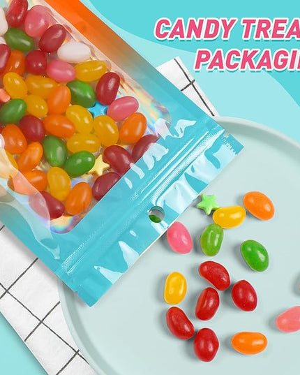 Funfery 300 Pack Smell Proof Resealable Bags for Food Storage,Holographic Bags 4x6 Blue Orange Mylar Clear Packaging Bag- Scent Proof for Cookies, Zip Foil Pouch for Small Business
