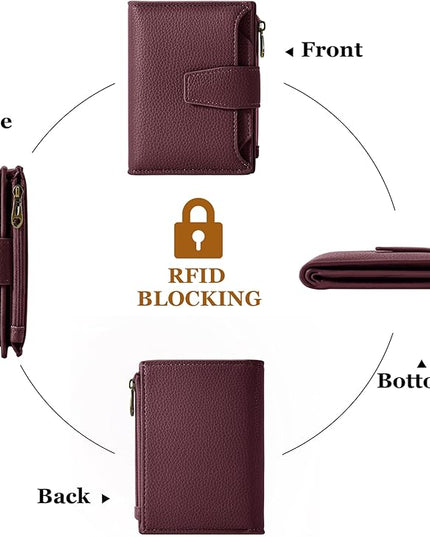 Airkit Small Wallet Women RFID Blocking Soft Leather Bifold Compact Card Holder Wallet for Women with Zipper Coin Pocket 4 ID Window