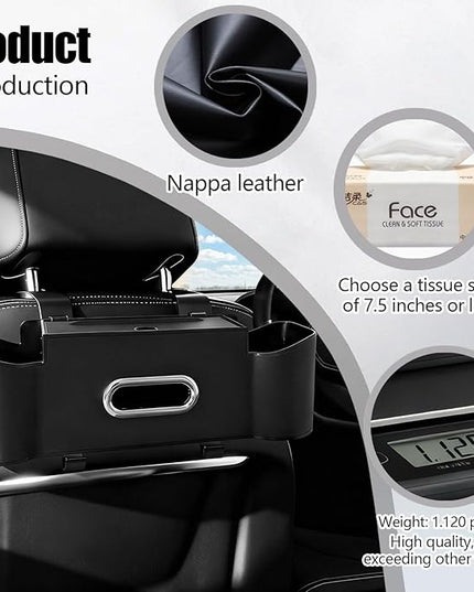 Car Backseat Organizer for Kids & Travelers - 4 in 1 Multifunctional Car Seat Back Storage with Cup Holder, Tissue Box, Snack/Handbag Holder - Nappa Leather Universal Fit for SUV/Van/Sedan (Black)