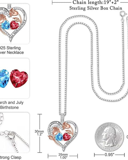 Iefil Christmas Gifts for Women Wife - 925 Sterling Silver Rose Heart Birthstone Necklace Birthday Anniversary Jewelry Gifts for Her Wife Mom Daughter