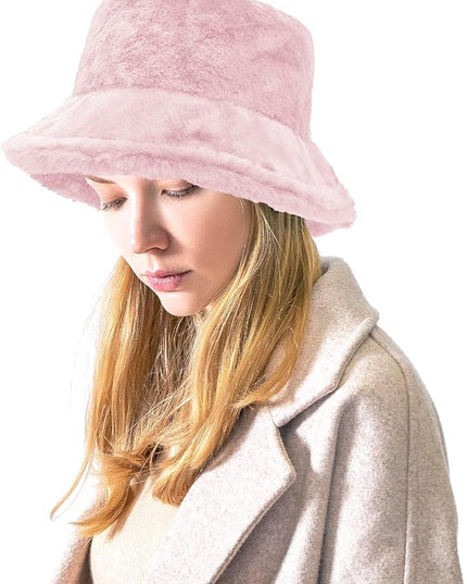 Women Plush Fluffy Bucket Hat Warm Lining Winter Faux Fur Cozy Wide Brim Winter