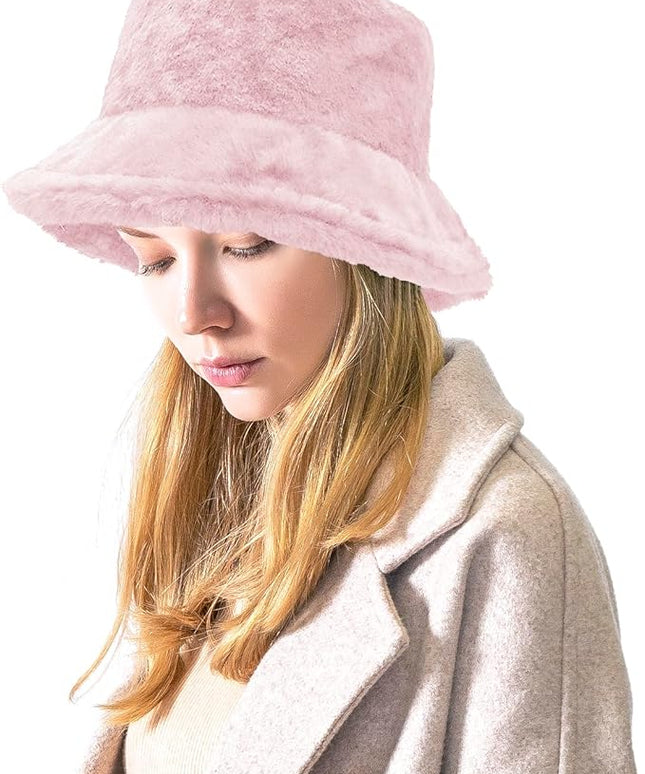 Women Plush Fluffy Bucket Hat Warm Lining Winter Faux Fur Cozy Wide Brim Winter