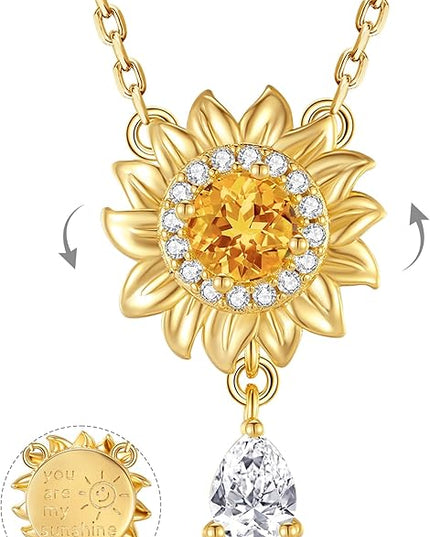FANCIME Sunflower necklace Sterling Silver Yellow Gold Plated Spinning Anxiety Pendant for anti-stress, You Are My Sunshine Fidget Rotatable Jewelry Birthday Christmas Gifts for Women Wife Her