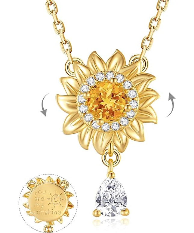 FANCIME Sunflower necklace Sterling Silver Yellow Gold Plated Spinning Anxiety Pendant for anti-stress, You Are My Sunshine Fidget Rotatable Jewelry Birthday Christmas Gifts for Women Wife Her