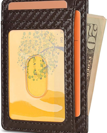 Buffway Slim Minimalist Front Pocket RFID Blocking Leather Wallets for Men and Women - Carbon Fiber Coffee