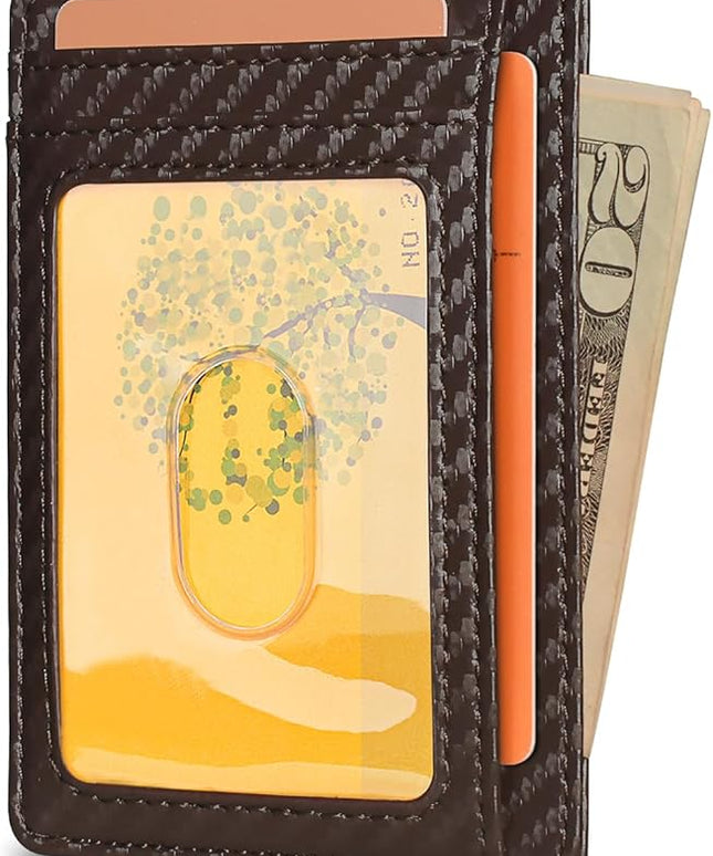 Buffway Slim Minimalist Front Pocket RFID Blocking Leather Wallets for Men and Women - Carbon Fiber Coffee