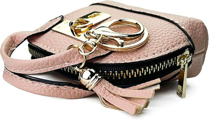 Cute Genuine Leather Keychain Coin Purse for Women with Tassels Mini Change Pouch Brown (Pink)