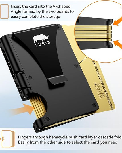 furid Slim Card Wallet for Men: Minimalist Metal Wallet with Money Clip - RFID Front Pocket Credit Card Holder for Work Business Travel - Gift for Father Husband Male Friend