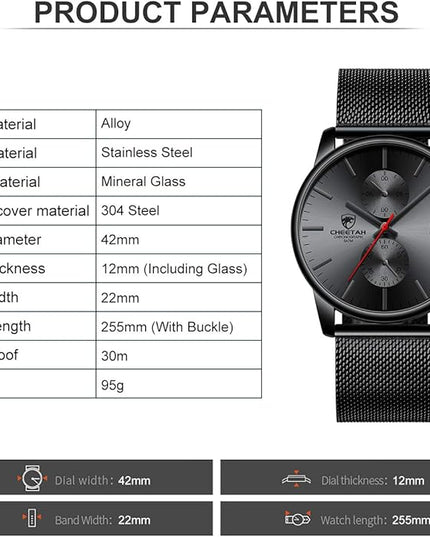 GOLDEN HOUR Mens Watch Fashion Sleek Minimalist Quartz Analog Mesh Stainless Steel Waterproof Chronograph Watches for Men with Auto Date