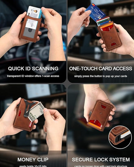 Ruiici Wallet for Men, Slim Minimalist Wallet with Money Clip＆ID Window, RFID Blocking Pop-Up Credit Card Holder, Smart Auminum Mens Wallet Holds 9-13 Cards (Gift Box) (Red Brown)