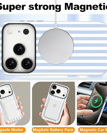 Magnetic for iPhone 17 Pro Case Cute Stripes Phone Case, Shockproof Slim TPU and Hard PC Protective Phone Cover Compatible with MagSafe Designed for Women Girls, Blue and White