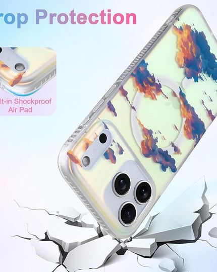 Cute Case for iPhone 17 Pro Case for Women Girls [ Compatible with Magsafe ] Aesthetic Cloud Pattern Design, Girly Glitter Sparkly Bling Protective Phone Cover, Iridescent Sun Set Sky