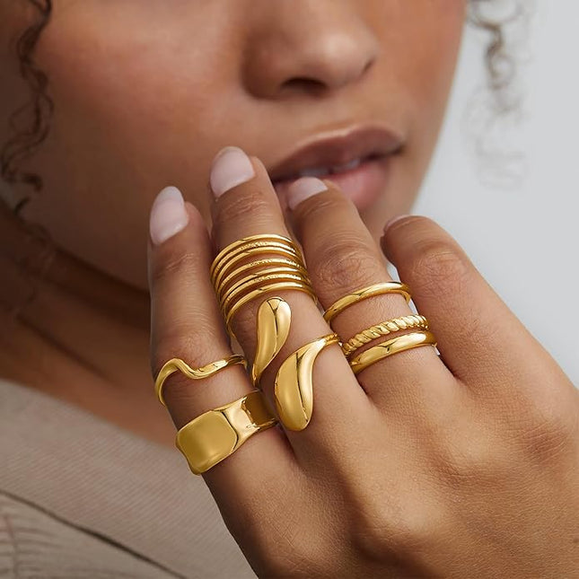 YOOSTEEL Valentines Day Gifts for Her Womens Chunky Gold Rings - 12 PCS Hypoallergenic 14K Gold Plated Thick Stackable Open Rings for Women Non Tarnish Dainty Gold Adjustable Ring Stack Set Trendy Jewelry