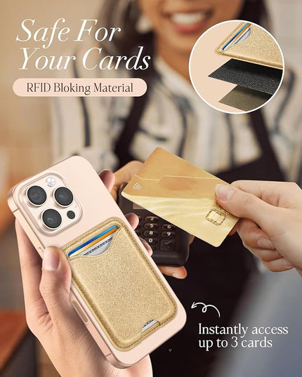 Shorogyt Compatible with Magsafe Wallet Magnetic Card Holder - Glitter Bling Gold Phone Wallets for Women Teen Girls for iPhone 17/16/15/14/13/12 Series Slim for Apple Mag RFID Magnet, Fit 3 Cards