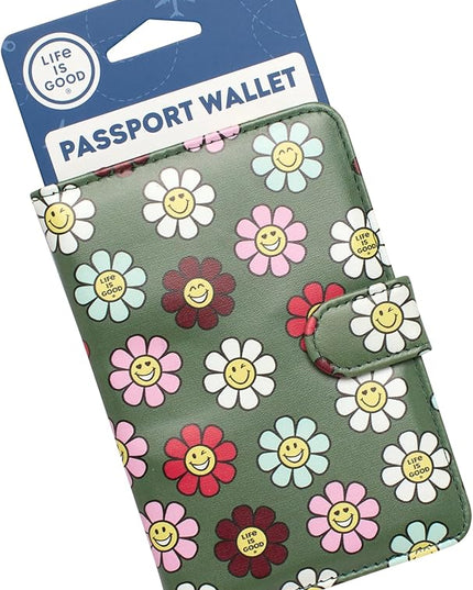 Life is Good Travel Passport Cover - Anti-Theft Passport Holder Wallet with Interior Card Slots, Magnetic Snap Closure, Happy Daisy