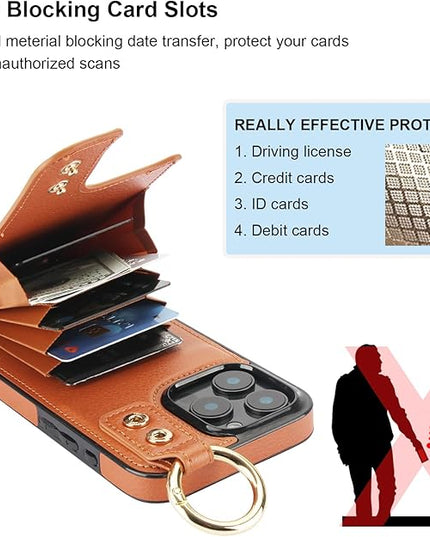 Folosu for iPhone 16 Pro Max Wallet Case with Card Holder, Hand Wrist Strap Loop Holder Kickstand, RFID Blocking Finger Grip Ring PU Leather Double Buttons Shockproof Cover 6.9" Brown