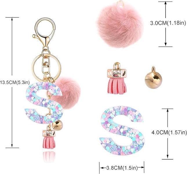 Resin Alphabet Initial Letter Keychain Keyring for Women Purse Handbags With Fur Ball Pom