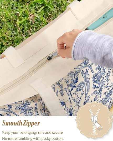 Large Tote Bag for Women - Aesthetic Cute Big Canvas Bags with Zipper Cotton Shoulder Bag for Gym, Travel, Work