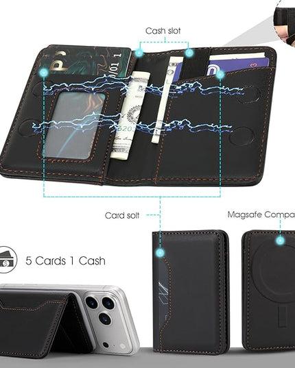 ASAPDOS for MagSafe Wallet,Magnetic Card Holder RFID Blocking Wallet with 5 Card Slots & Cash Pocket for iPhone 17/16/ 15/14/ 13/12/ Pro/Max/Plus/Air Black