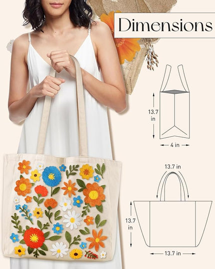 Embroidery Canvas Tote Bag for Women - Reusable Totes with Pocket & Buckle Aesthetic Cute Grocery Shoulder Bag