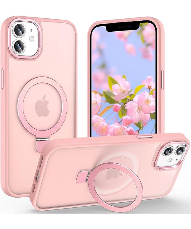 Magnetic for iPhone 11 Case with Ring Stand, [10 FT Drop Protection] [Velvety Touch] Slim Translucent Matte Back Shockproof Phone Case for iPhone 11 6.1'', Pink