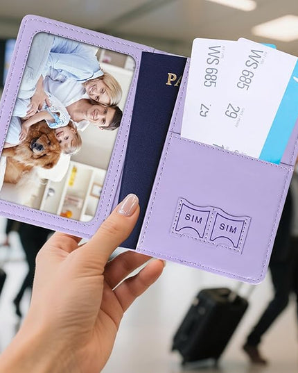 Passport Holder for Travel, RFID Blocking Passport Cover with Pen Holder Leather Passport Wallet Case Travel Must Haves Accessories Passport Book Card Holder for Family Travel Essentials Gifts, Purple