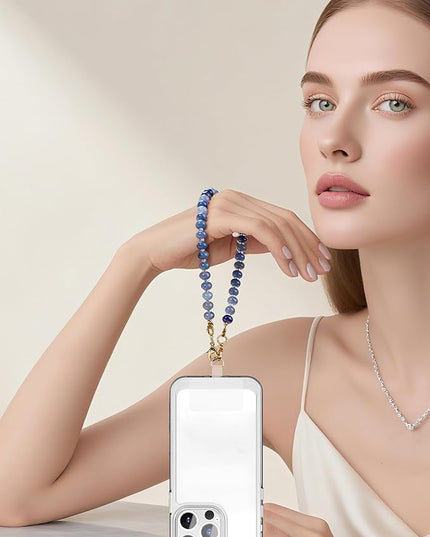 Natural Stone Beaded Phone Wrist Strap for Women – Detachable Chain Wristlet, Durable 304 Stainless Steel Core (Blue Aventurine)