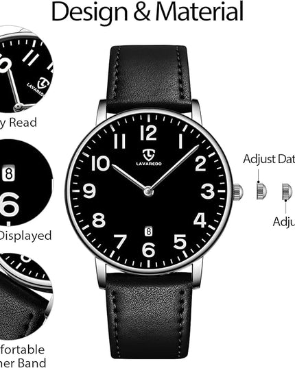 L LAVAREDO Watch for Men, Extremely Thin Mens Watches Minimalist Analog Men's Leather Wrist Watches with Time/Date, Birthday Gift for Men Boyfriend