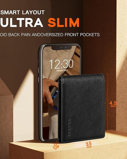 RUNBOX Wallet for Men Slim Leather Bifold RFID Blocking Minimalist Front Pocket Design with Gift Box