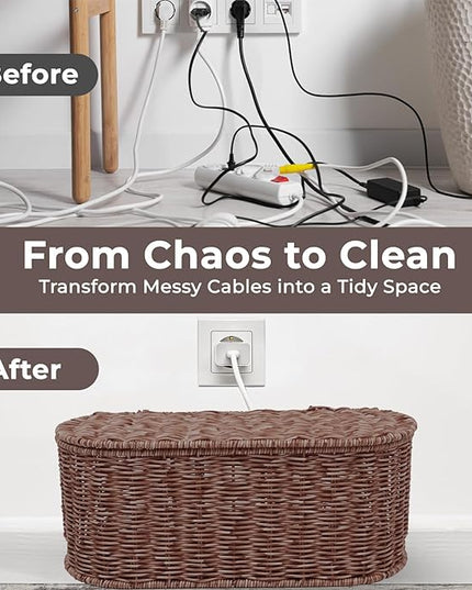 Cable Management Box, Handmade Rattan Cable Organizer, 2 Open Slots Cords Hider Box, Under Desk Cord Organizer for Computer Router USB Hub & Power Strip, Patent Pending, 15.9" x 6.5" x 6.5", Brown