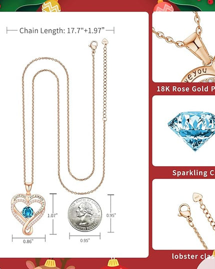 Infinity Love Heart Birthstone Necklace for Women Wife, S925 Sterling Silver Anniversary for Women Wife Birthday Gift for Her Girlfriend Mom Daughters, I Love You Women's Jewelry 18k Rose Gold Filled