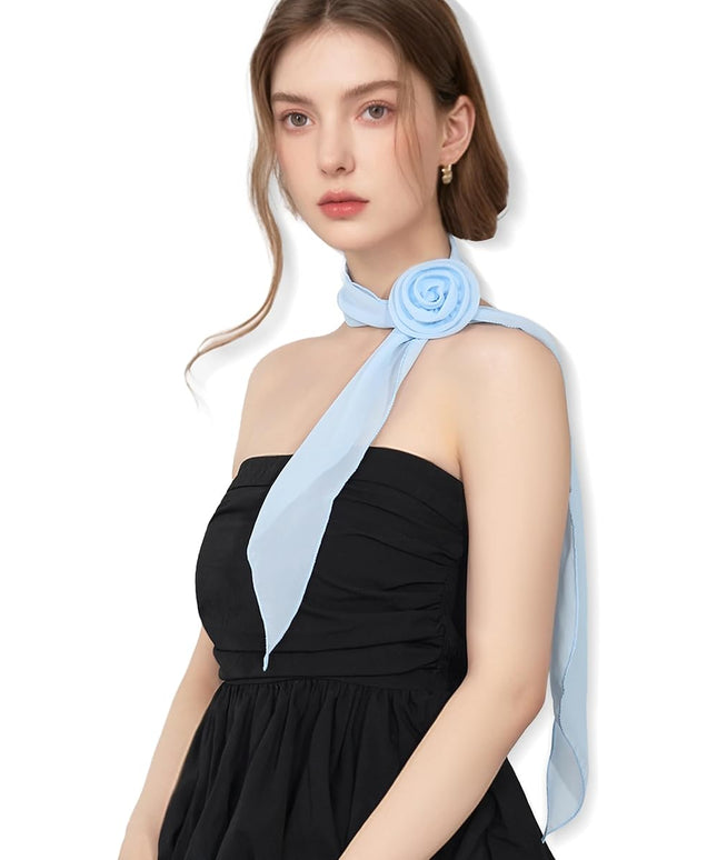 Chiffon Scarf for Women, Removable Flower Neck Scarf Light Soft Fashion Rose Scarves Versatile Headband or Hair Band
