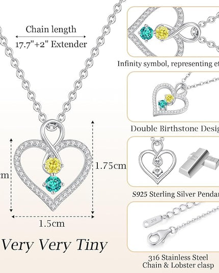 LOUISA SECRET Infinity Double Birthstone Necklace, 925 Sterling Silver Tiny Pendant Heart Necklace for Women Wife Her, Best Jewelry Gift Heart Jewelry Meaningful Gift for Valentine's Day, Christmas, Birthday Anniversary