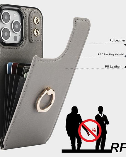 Folosu Compatible with iPhone 16 Pro Max Case Wallet with Card Holder, 360°Rotation Finger Ring Holder Kickstand, RFID Blocking Leather Protective Double Buttons Shockproof Cover 6.9 Inch Gray