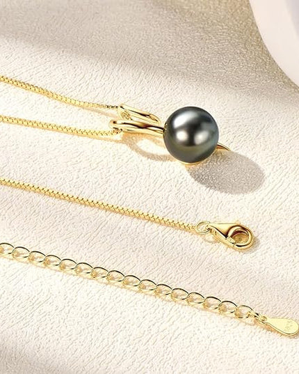Tahitian Black Pearl Necklaces for Women, Sterling Silver Single Pearl Pendant Necklace Birthday Anniversary Jewelry Gifts for Wife Mom
